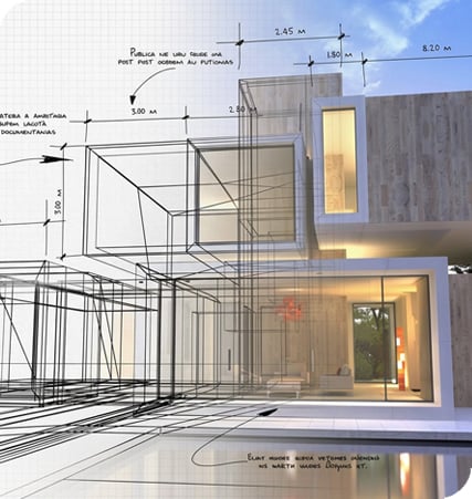 A modern house rendering blends with architectural sketches and handwritten measurements, illustrating the transition from blueprint to finished building.
