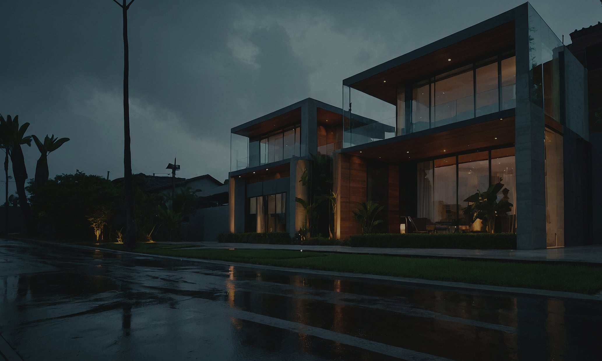 Modern two-story house with large windows and balconies, lights on inside, wet street reflecting the building, photographed at dusk under cloudy skies.