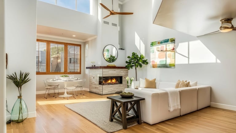 Bright, modern living room with white sofa, fireplace, large windows, dining area, wooden floors, and minimal decor.