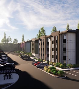 Modern apartment buildings with large windows, parked cars lining the street, and trees in the background under a partly cloudy sky.