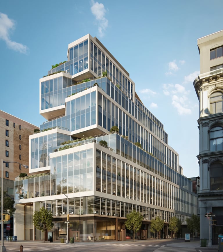 Modern glass office building with staggered, tiered floors and rooftop greenery, located on a city street corner under a clear blue sky.