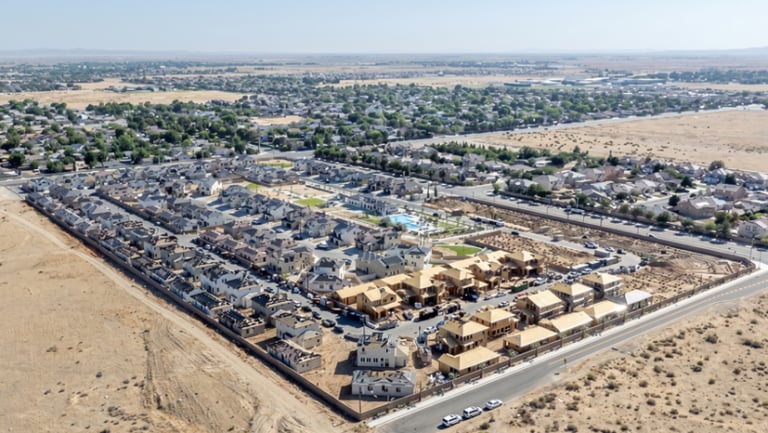 Aerial view of a housing development under construction next to a residential neighborhood and desert landscape.